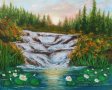 водни лилии,водопад и залез маслена картина , снимка 1 - Картини - 42734929