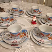 Старинен немски Коледен комплект за кафе/чай и десерт сервиз сет трио, снимка 7 - Сервизи - 36676658
