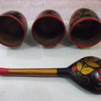 Лот от 3 бр. дървени чаши и лъжица рисувани съветски, снимка 3 - Други ценни предмети - 40823717