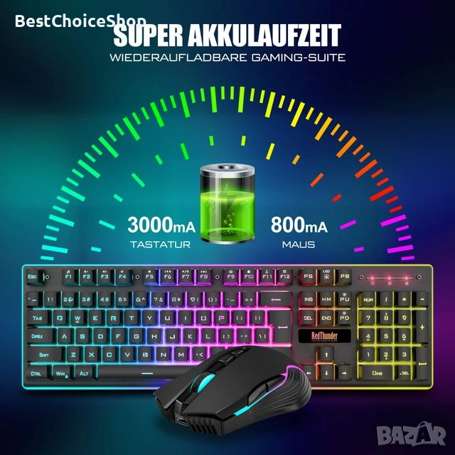 RedThunder Безжичен гейминг комплект клавиатура и мишка 3200 DPI Батерия 3000mA, снимка 1