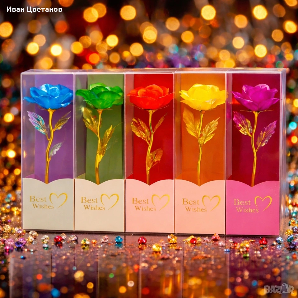 Декоративна цветна роза „Best Wishes“ със златно стъбло, снимка 1