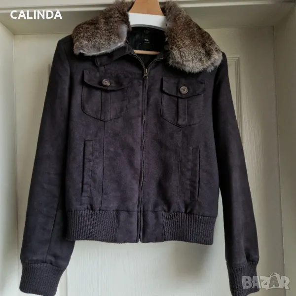 Кафяво яке с яка от естествена козина, снимка 1