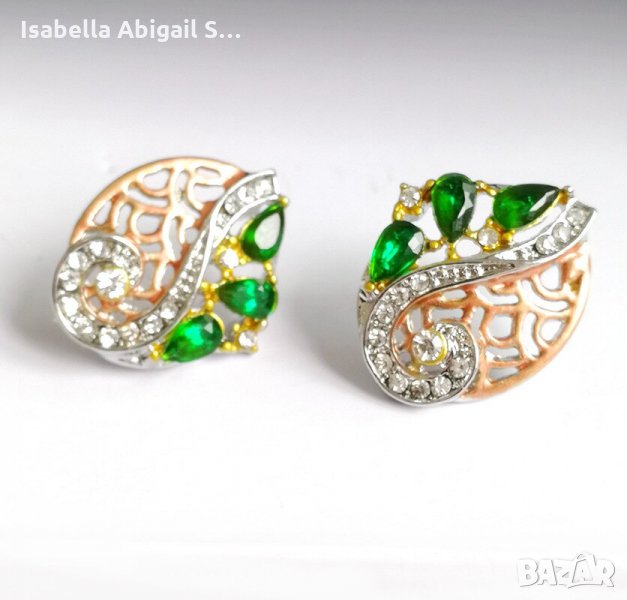 Обици и гердан комплект, мед, цирконии и кристали, снимка 1