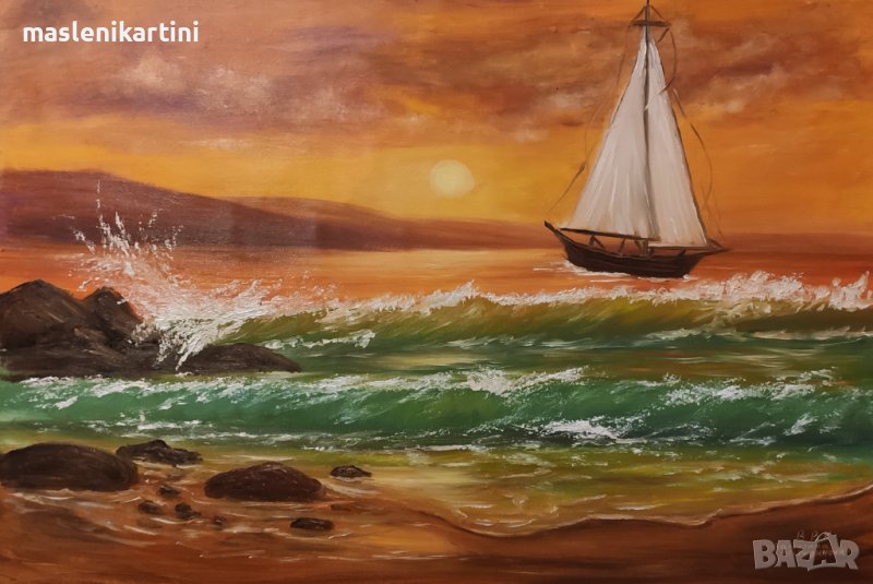 Морски пейзаж с кораб маслена картина, снимка 1