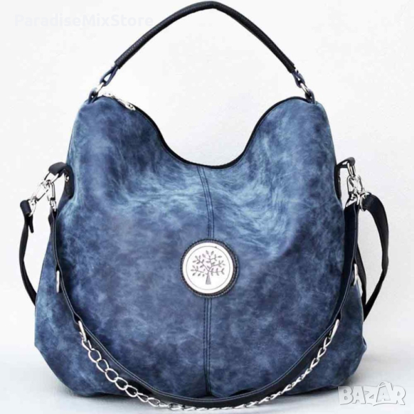 Луксозна модерна дамска чанта с елемент Дървото на живота 40х38 см Цветове:черен,син,лилав,сив,бежов, снимка 1