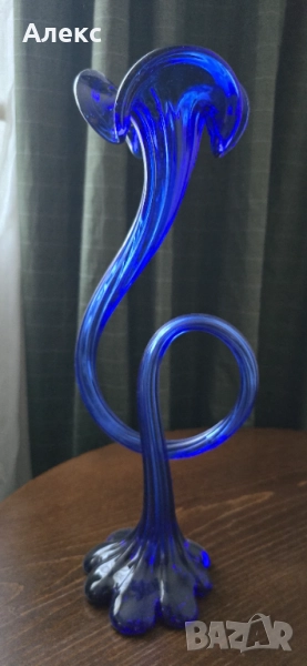 Колекционерска ваза кобалт, духано стъкло, 39см, снимка 1