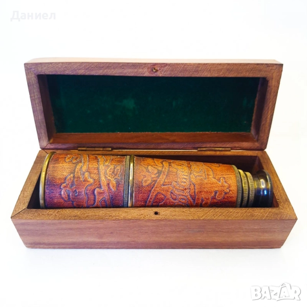 Далекоглед бронзов обшит в кожа в дървена кутия в дървена кутия, снимка 1