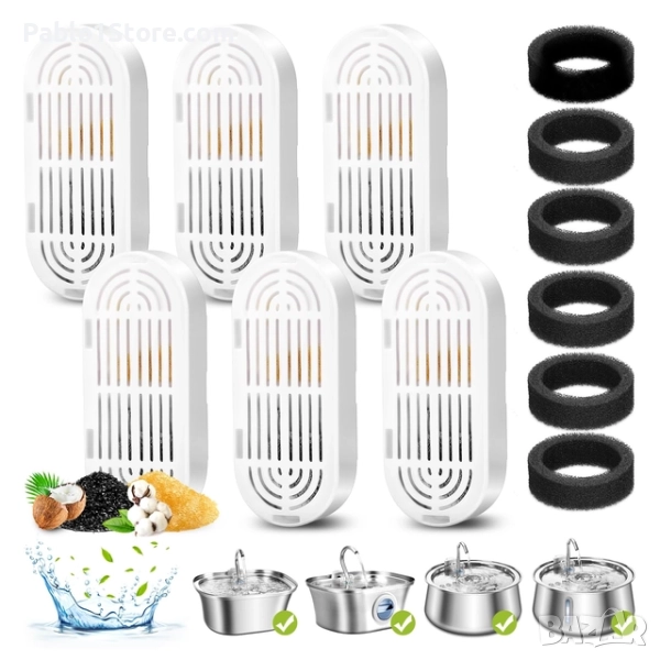 Филтър за котешки фонтан, пакет от 6 резервни филтъра и резервни гъби за предфилтър за фонтан от нер, снимка 1