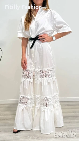 Дълга рокля тип риза с дантела и цепка отпред -50%, снимка 1