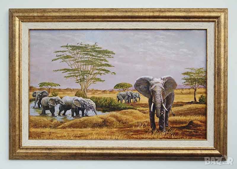 Картина, Африкански пейзаж със слонове, снимка 1