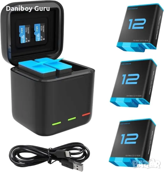 GoPro Hero 12 11 10 9  батерии 3бр зарядно устройство TELESIN  преносимо 3-канално зарядно, снимка 1
