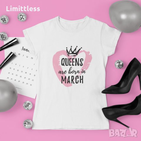 Дамска тениска Queens are born in march pink, снимка 1 - Тениски - 32090692