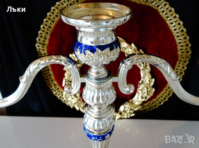 Посребрен троен свещник,рози,кобалт,рококо. , снимка 2 - Антикварни и старинни предмети - 52817267