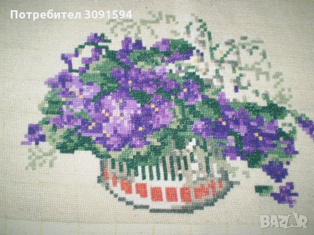 Винтидж ръчно бродиран гоблен букет цветя, снимка 2 - Гоблени - 35572217