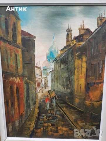 Красива Стара Картина Уличен Пейзаж Живопис Маслени Бои на Платно, снимка 8 - Антикварни и старинни предмети - 52908859
