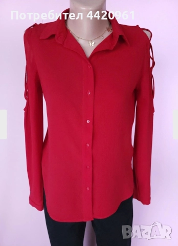 Дамска червена риза с изрязани рамене, снимка 4 - Рокли - 52596235