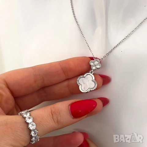 Колие със седефена детелина от медицинска стомана - златно и сребърно, снимка 3 - Колиета, медальони, синджири - 54157124