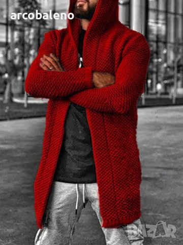 Мъжка плетена жилетка с качулка и дълъг ръкав, 6цвята - 023 , снимка 2 - Други - 42657091