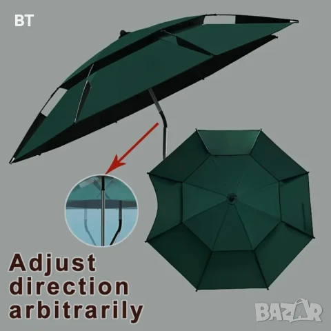 Ветроупорен плажен чадър с UV защита.