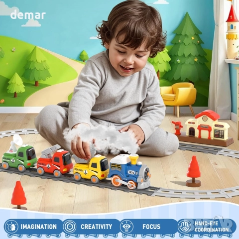 MORECOLL Комплект влакче за малки деца с пара, музика и светлини, снимка 5 - Влакчета, самолети, хеликоптери - 51729210