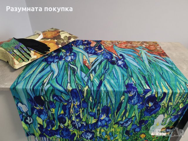 Кашмирен шал с принт на картина по творби на известни художници в комплект с ръкавици, снимка 9 - Шалове - 34079001