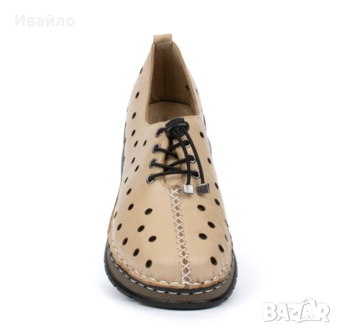 Дамски обувки от естествена кожа в бежово с перфорация и връзки, снимка 5 - Дамски ежедневни обувки - 53915800