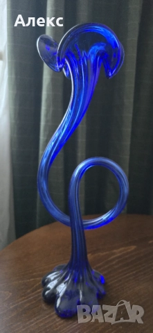 Колекционерска ваза кобалт, духано стъкло, 39см