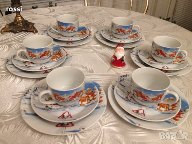 Старинен немски Коледен комплект за кафе/чай и десерт сервиз сет трио, снимка 7 - Сервизи - 36676658