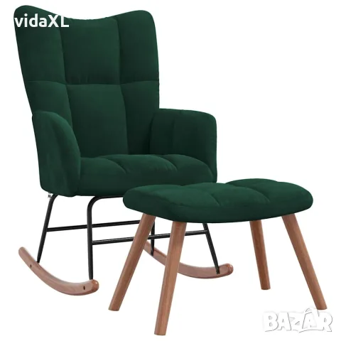 vidaXL Люлеещ се стол с табуретка, тъмнозелен, кадифе