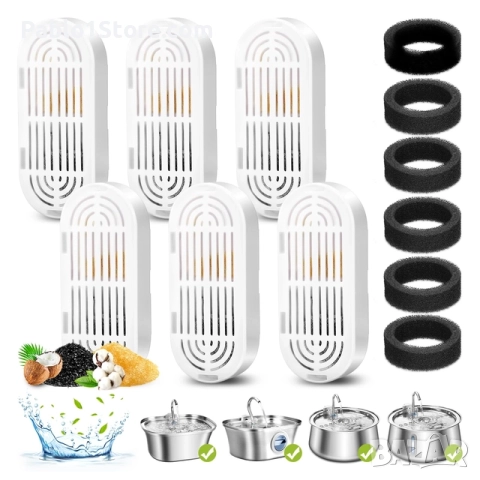 Филтър за котешки фонтан, пакет от 6 резервни филтъра и резервни гъби за предфилтър за фонтан от нер