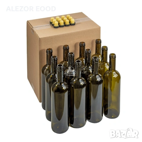 Стъклени бутилки 750 мл. тъмни за вино и ракия, Комплект 12 броя + кашон + тапи