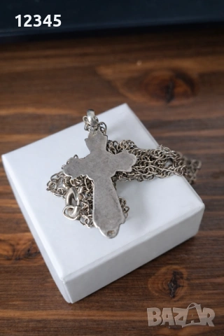 Антиквар руски сребърен кръст с емайл  и синджир, снимка 2 - Колиета, медальони, синджири - 54125360