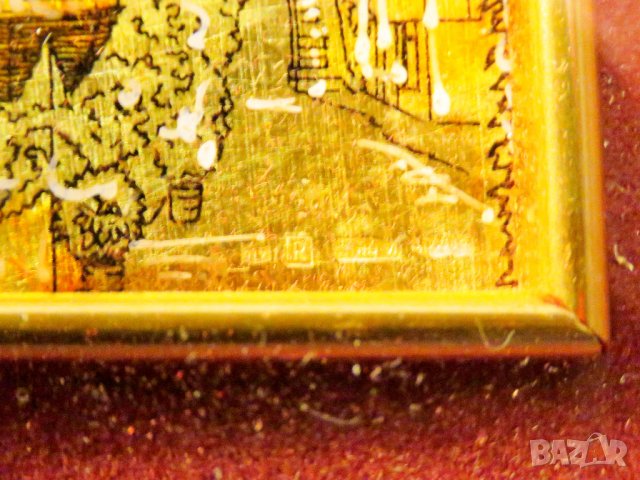 Старинна златна картина рисувана върху златно фолио - старинен часовник и стари сгради - с маркировк, снимка 3 - Картини - 38510348