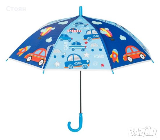 Детски чадър тип бастун за дъжд ръчен син Ciel с коли 66 см, снимка 2 - Чадъри - 42876164