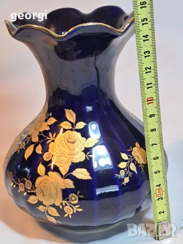 немска порцеланова ваза Wunziedel кобалт с 24 карата позлата М1, снимка 6 - Вази - 52983159