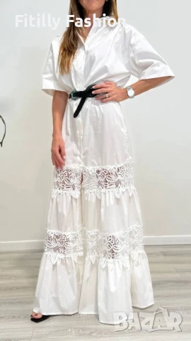 Дълга рокля тип риза с дантела и цепка отпред -50%, снимка 1