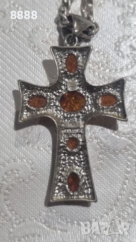 Сребърен кръст с балтийски кехлибар 925 POLAND V8 и синджир , снимка 5 - Колиета, медальони, синджири - 44483470