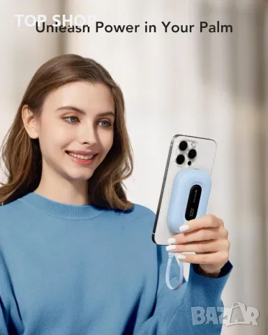 Charmast 10000mAh захранваща банка с вграден кабел, 20W PD, 3 IN/OUT LED дисплей, синя, снимка 2 - Външни батерии - 49804707