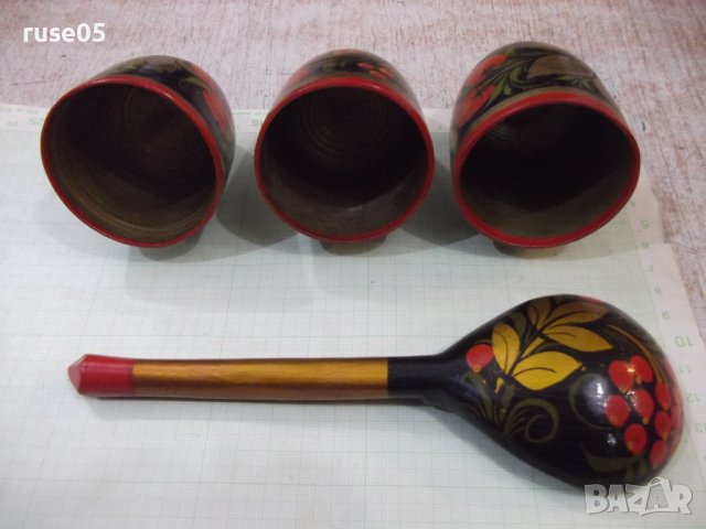 Лот от 3 бр. дървени чаши и лъжица рисувани съветски, снимка 3 - Други ценни предмети - 40823717