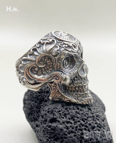 Сребърен пръстен череп, снимка 3 - Пръстени - 53324294