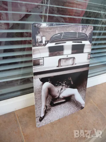 Метална табела Мацка с изрязани дънки токчета ремонтира кола еротика, снимка 2 - Декорация за дома - 49832870