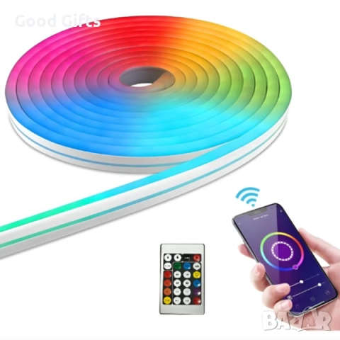 Интелигентна неонова LED лента 5 метра – RGB осветление с управление през телефон и дистанционно, снимка 2 - Декорация за дома - 52339875