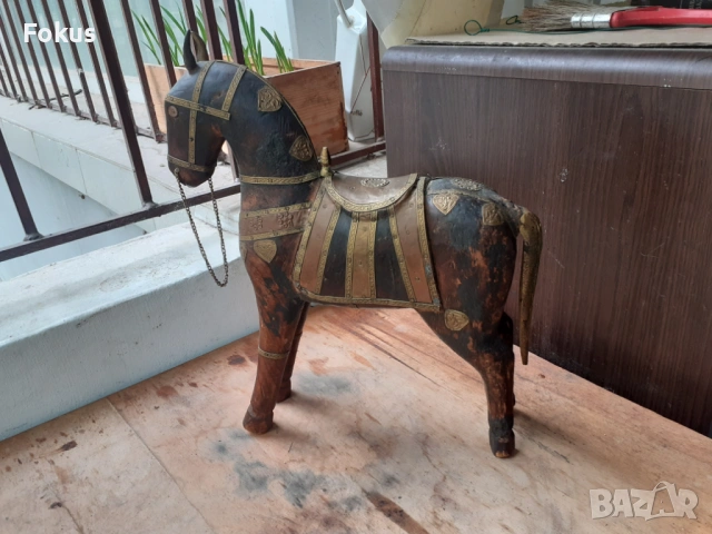 Старо антикварно дървено конче с месинг статуетка фигура кон, снимка 5 - Антикварни и старинни предмети - 54220561