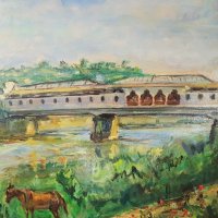 Станка Василева покритият мост в Ловеч 1974 маслени бои, снимка 6 - Картини - 39815280