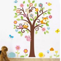 Дърво с Бухалчета и Катерици стикер лепенка за стена мебел детска стая самозалепващ, снимка 1 - Други - 30720586