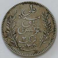 Сребърна монета Тунис 2 Франка 1892 г., снимка 2 - Нумизматика и бонистика - 37913005