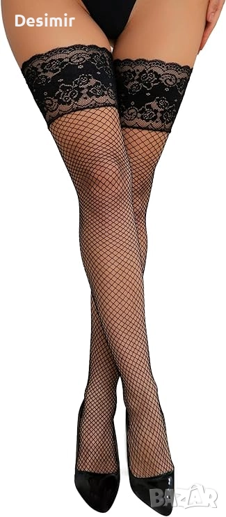 Дамски мрежести чорапи до бедрото с дантелена лента и презрамки, снимка 1