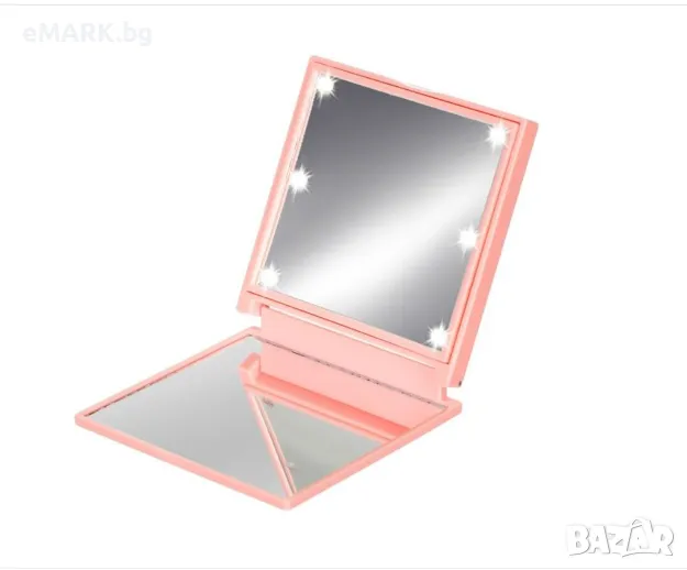 Козметично огледало във форма на квадрат с LED осветление в розов цвят - 7x7см, снимка 1