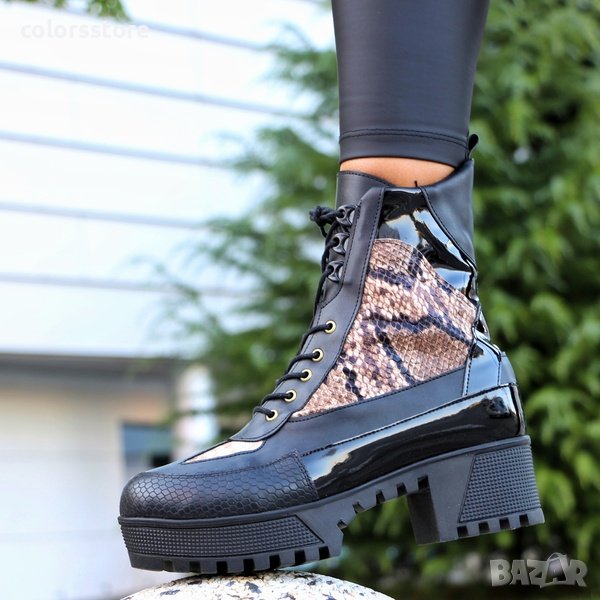 Равни боти - черни със змийски принт - BT2501, снимка 1