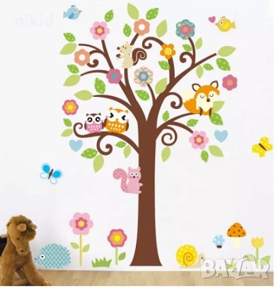 Дърво с Бухалчета и Катерици стикер лепенка за стена мебел детска стая самозалепващ, снимка 1